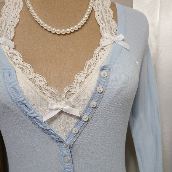 ♡ Y2K ♡ Abercrombie & Fitch Baby Blue Button Down Henley Babydoll Top - Picture 9 of 12